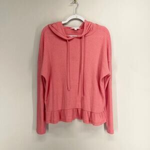 Lauren Conrad Waffle Hoodie Top Womens Large Coral Pink Sparkle Ruffle‎ Flounce